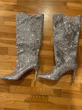 Free People Silver Glitter Pointed-Toe Mid-Calf Stiletto Boots